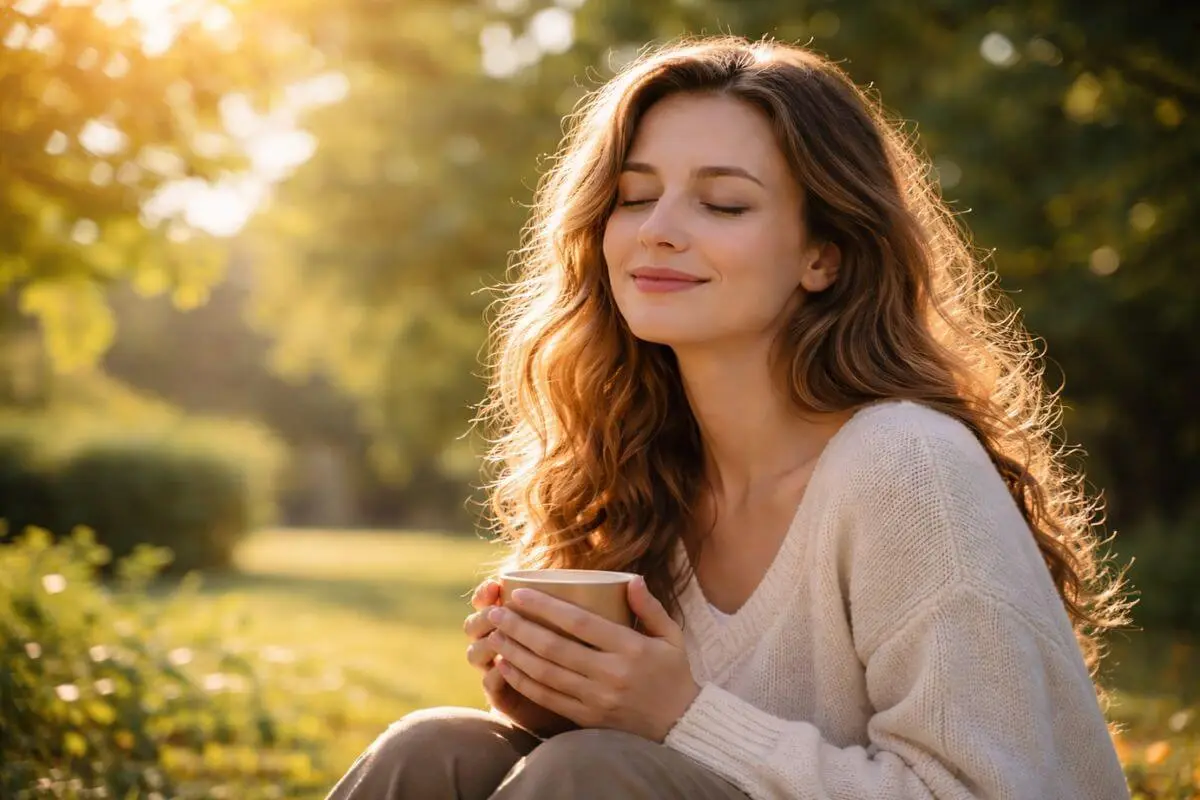Mulher em momento de tranquilidade ao ar livre, segurando uma xícara, representando equilíbrio emocional, calma e autocuidado.