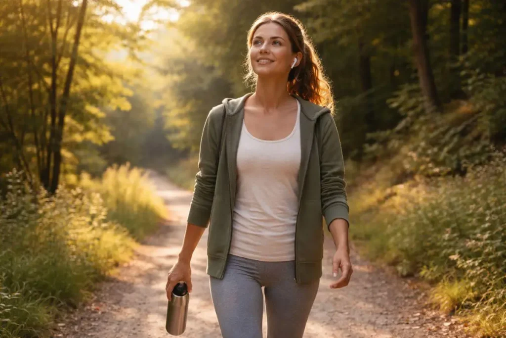Pessoa caminhando em ambiente natural, com expressão tranquila, reforçando a ideia de movimento acessível e cuidado com o corpo