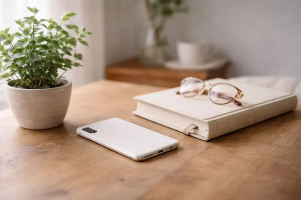 Celular virado para baixo ao lado de um livro e uma planta, simbolizando pausa digital e cuidado com a saúde mental