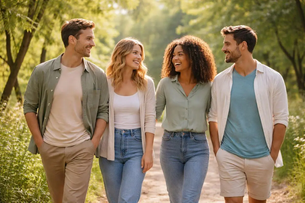 Grupo de pessoas caminhando juntas ao ar livre, sorrindo e conversando, representando vínculos emocionais saudáveis, conexão e bem-estar. 