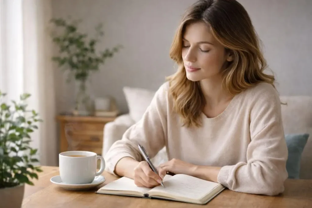 Pessoa escrevendo em um diário em um ambiente calmo, representando autoconhecimento e saúde mental