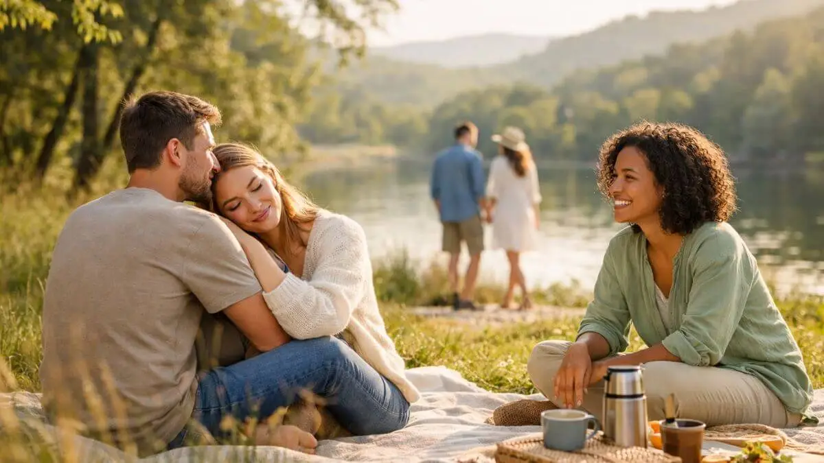 Imagem que representa relações emocionais saudáveis, mostrando pessoas em um momento de tranquilidade e conexão, simbolizando equilíbrio emocional e vínculos seguros.
