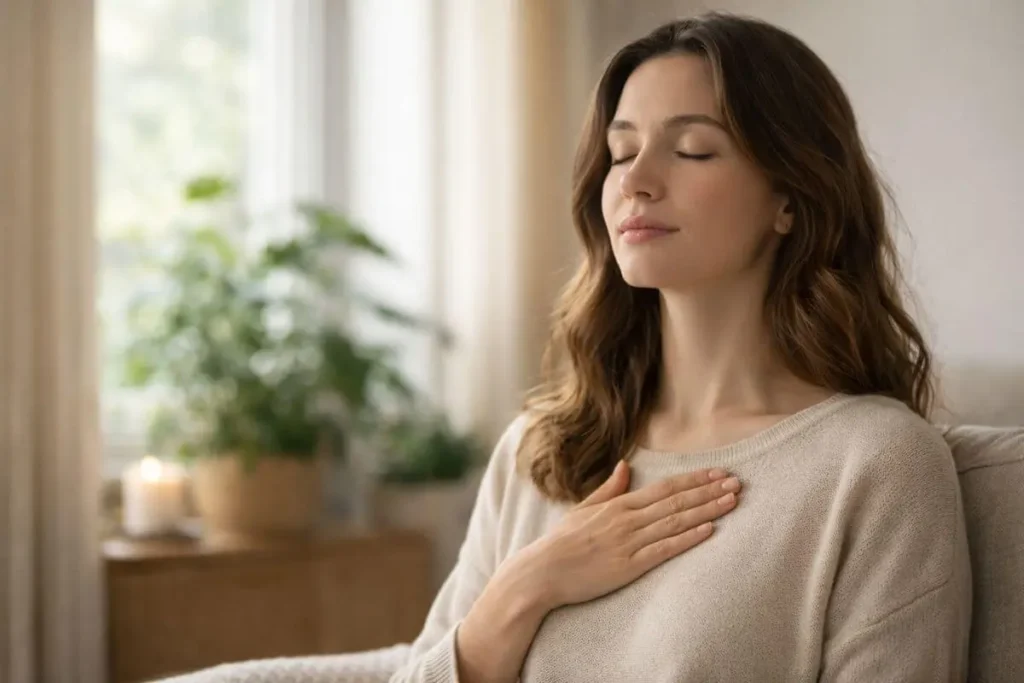 Pessoa praticando respiração consciente com atenção plena