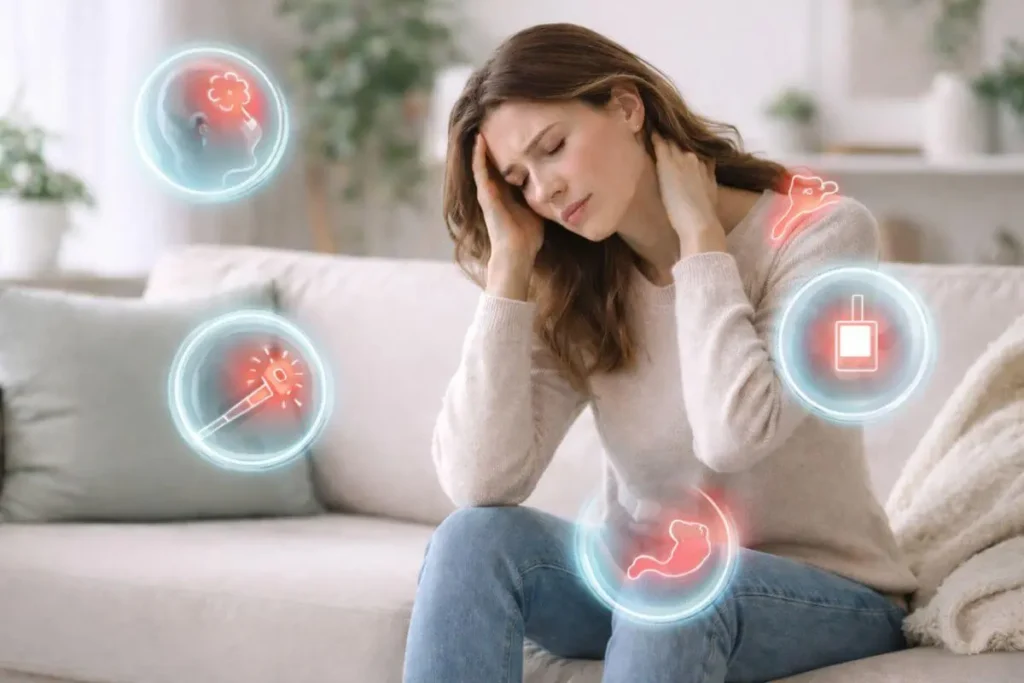 Pessoa sentada com postura tensa demonstrando sintomas físicos de ansiedade.