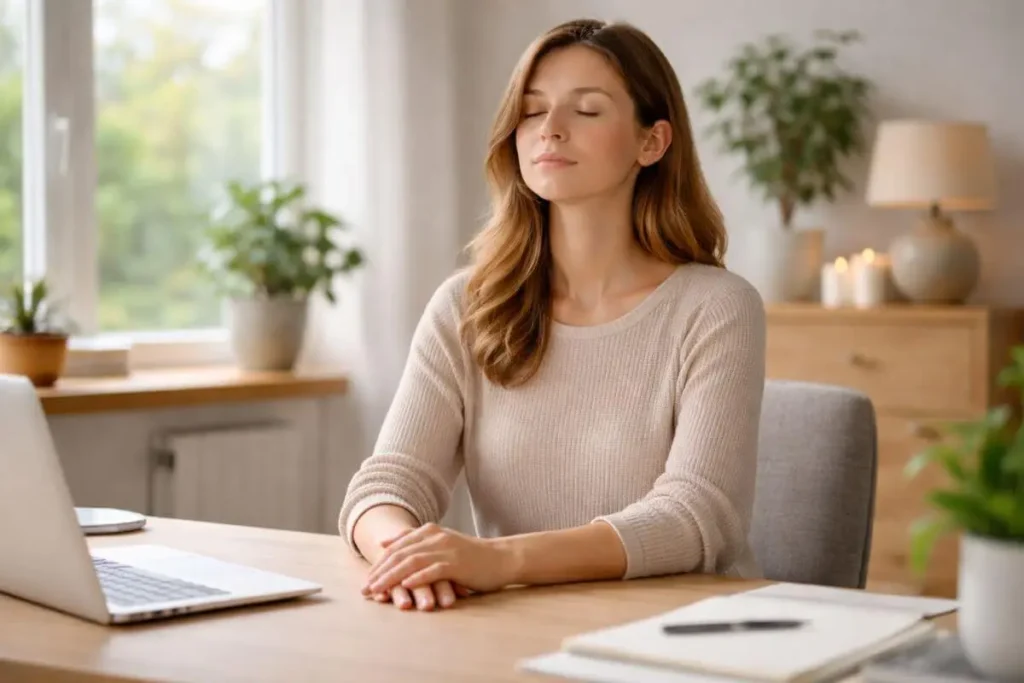 Pessoa fazendo pausa consciente no trabalho para reduzir ansiedade