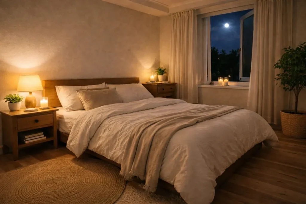 quarto organizado com iluminação suave e ambiente silencioso