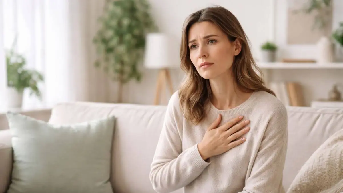 Pessoa sentindo ansiedade com a mão no peito em ambiente tranquilo.
