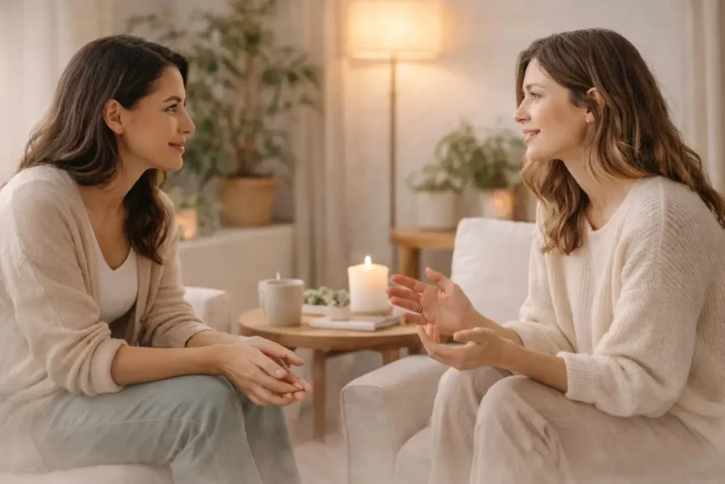 Conversa acolhedora entre duas pessoas em ambiente tranquilo