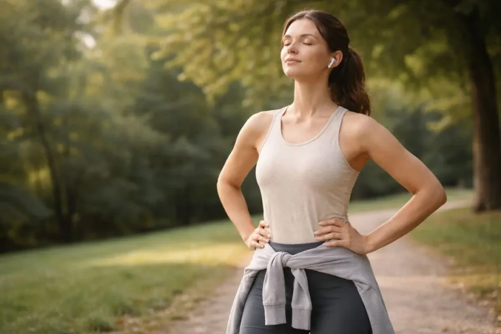 Pessoa em parque usando roupa confortável para atividade física, fazendo uma pausa consciente e focando na respiração após caminhar.