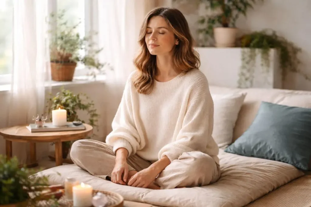 Pessoa refletindo calmamente sobre emoções e relacionamentos