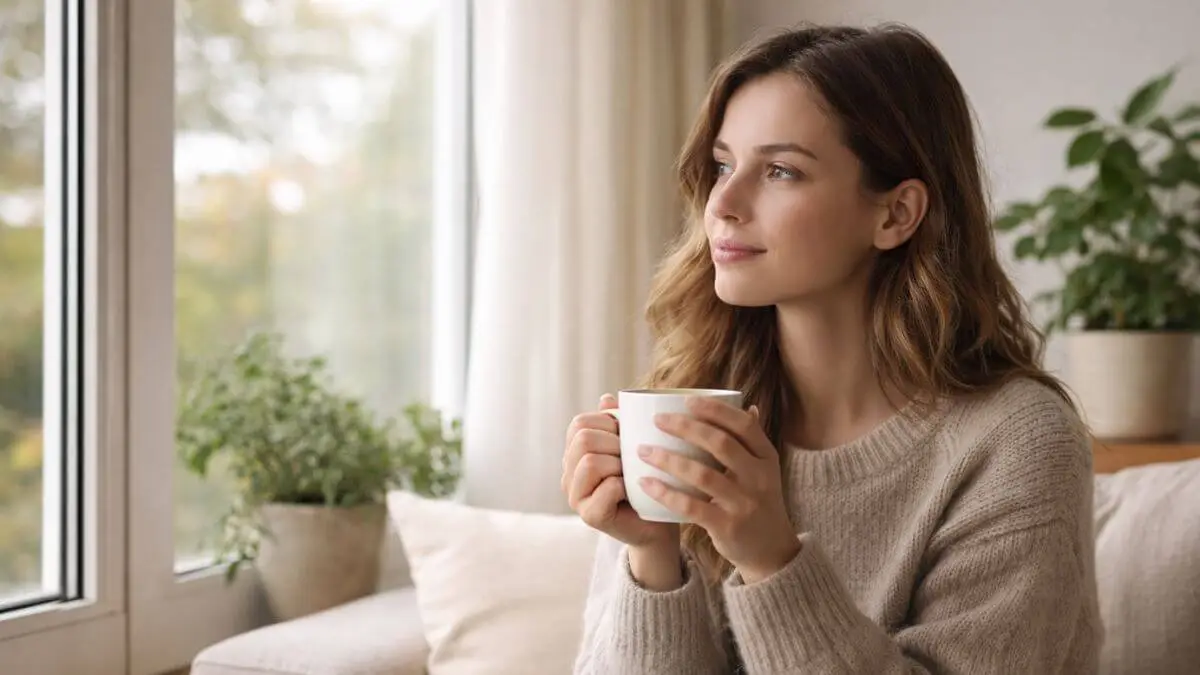 Mulher refletindo em ambiente tranquilo com luz natural representando autocuidado emocional.