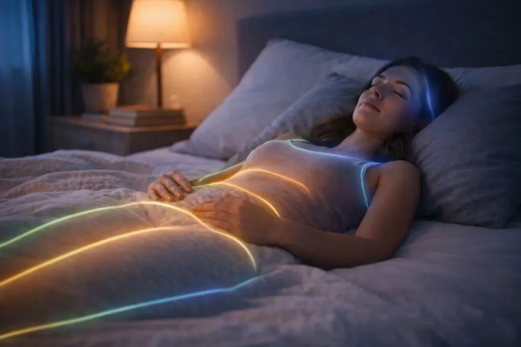 Pessoa deitada relaxando enquanto pratica meditação corporal antes de dormir.