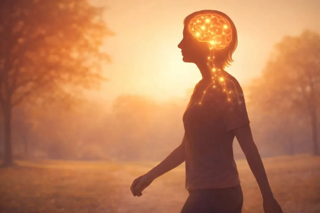 Representação ilustrativa do cérebro ativado durante caminhada leve.