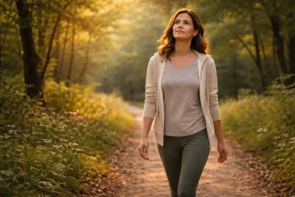 Pessoa caminhando de forma consciente em ambiente natural.