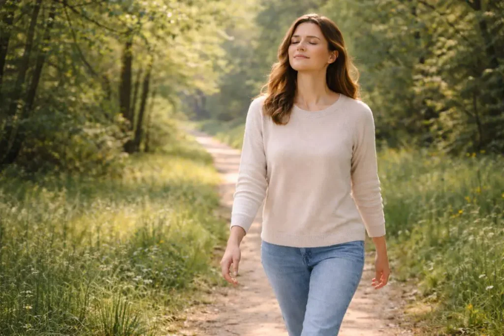 Pessoa caminhando ao ar livre em ritmo leve.