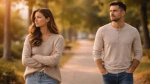 Casal caminhando ao entardecer com pequena distância entre eles, simbolizando distância emocional no relacionamento.