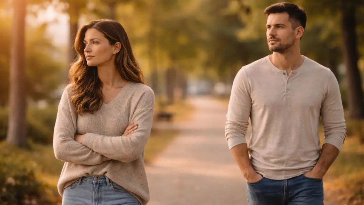 Casal caminhando ao entardecer com pequena distância entre eles, simbolizando distância emocional no relacionamento.