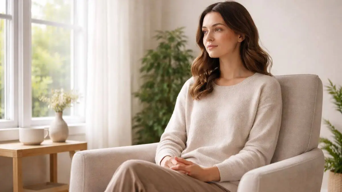 Pessoa sentada em uma cadeira próxima à janela, em ambiente calmo e iluminado por luz natural, fazendo uma pausa consciente antes de iniciar a meditação.