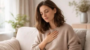 Pessoa em momento de introspecção mostrando a conexão entre corpo e emoções.