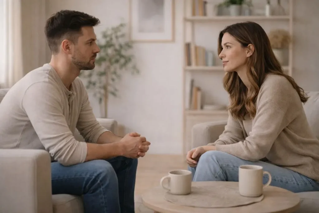 Duas pessoas conversando frente a frente sem celular.