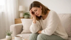 Mulher com expressão de cansaço físico e mental em ambiente acolhedor.