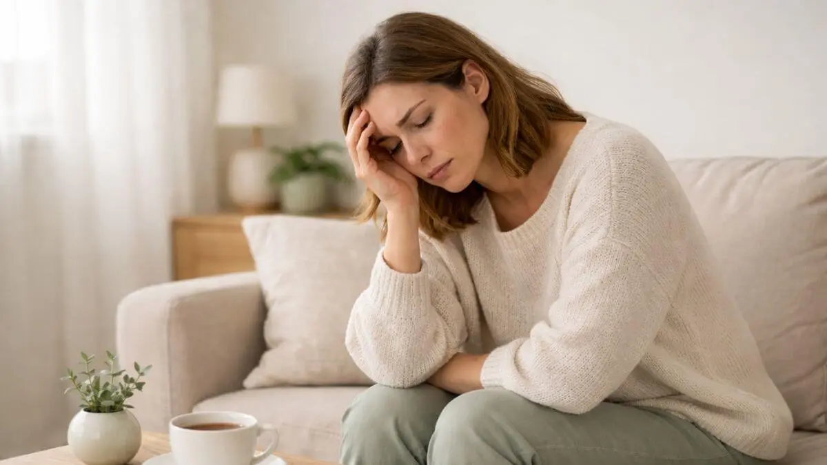 Mulher com expressão de cansaço físico e mental em ambiente acolhedor.