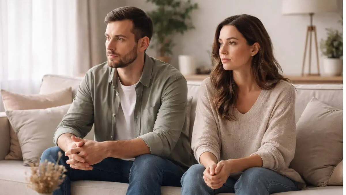 Casal sentado em silêncio no sofá refletindo sobre crise no casamento