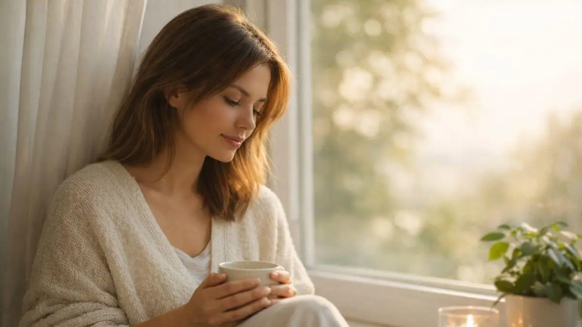 Mulher em momento de reflexão próxima à janela simbolizando libertação da dependência emocional e equilíbrio interior.