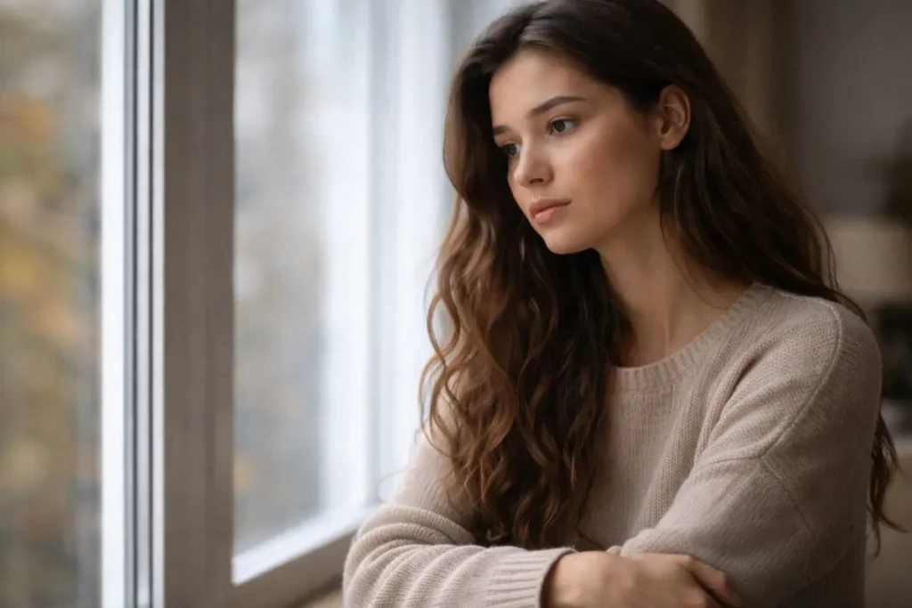 pessoa olhando pela janela com expressão pensativa representando dependência emocional