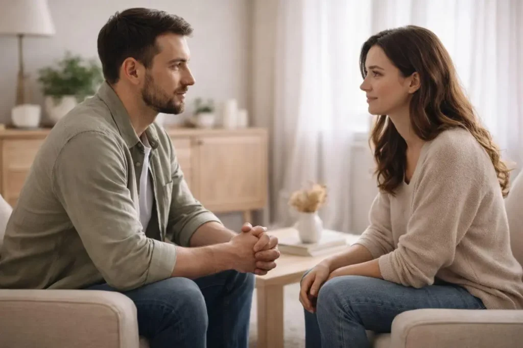 Casal conversando de forma calma e respeitosa