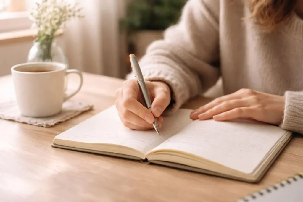 Pessoa escrevendo em diário em ambiente calmo como prática de autocuidado emocional.