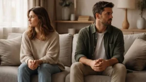 Casal sentado no sofá demonstrando distância emocional e silêncio entre eles.
