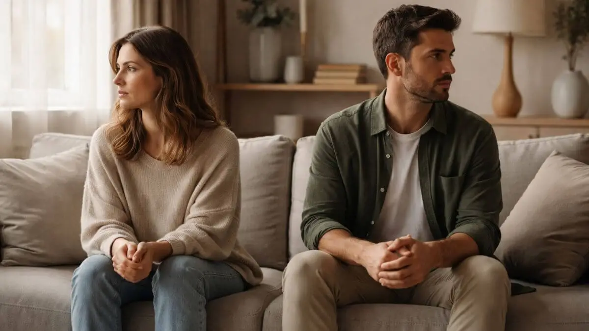 Casal sentado no sofá demonstrando distância emocional e silêncio entre eles.
