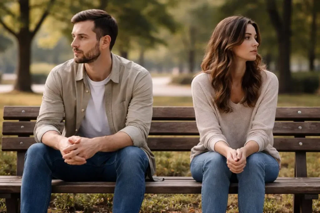 Casal sentado distante um do outro em banco de praça