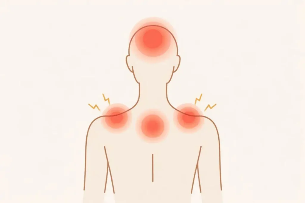 Ilustração mostrando tensão muscular, dor de cabeça e fadiga relacionados ao estresse.