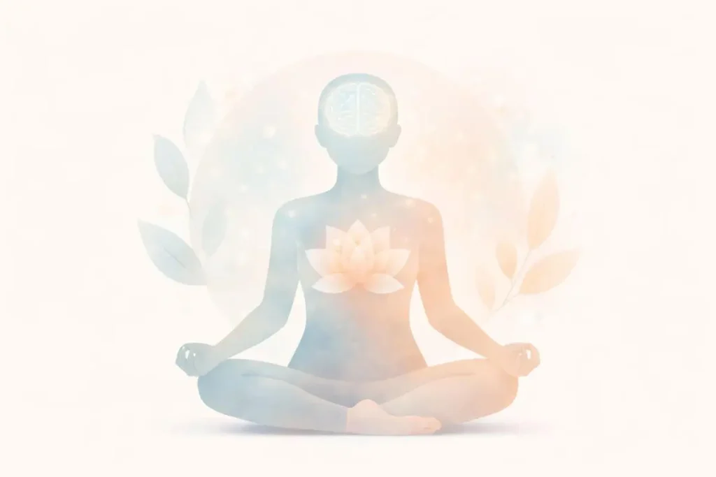 Ilustração conceitual com tons suaves representando equilíbrio emocional e integração entre mente e corpo.