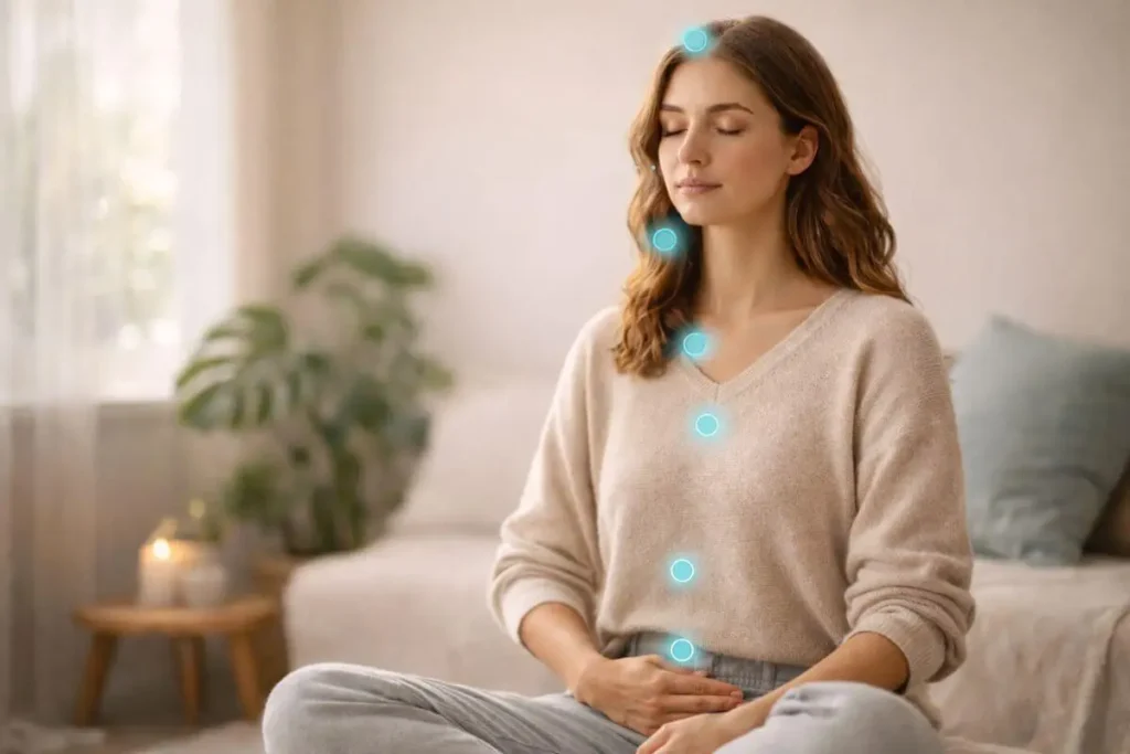 Pessoa praticando escaneamento corporal em exercício de mindfulness.