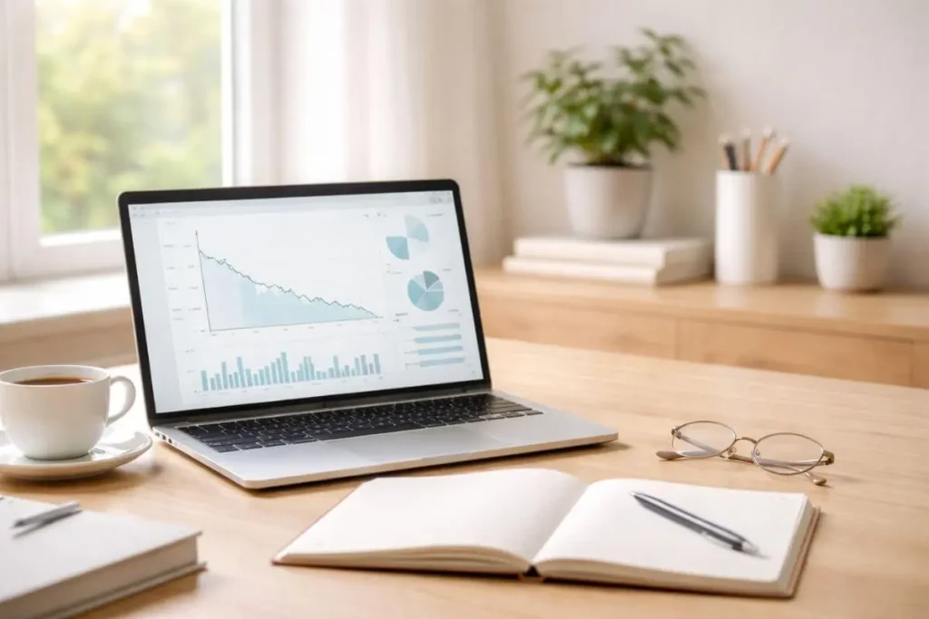 Gráfico no notebook mostrando redução da ansiedade em estudos sobre mindfulness