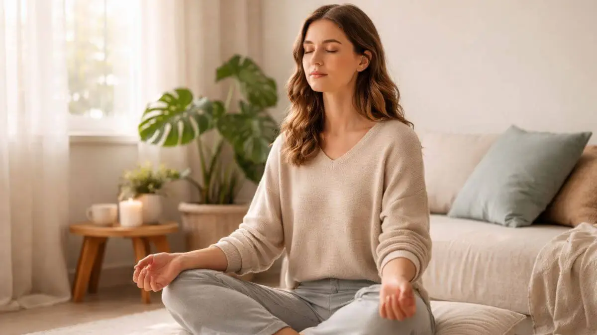 Pessoa praticando mindfulness em ambiente tranquilo para acalmar a mente e reduzir o estresse.