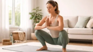pessoa praticando exercícios leves em casa em ambiente acolhedor e iluminado Descrição da imagem: Cena interna de autocuidado com pessoa realizando exercício físico leve em casa, em ambiente organizado e tranquilo.