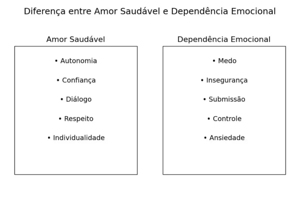 Gráfico comparativo mostrando a diferença entre amor saudável e dependência emocional, com características organizadas em duas colunas.