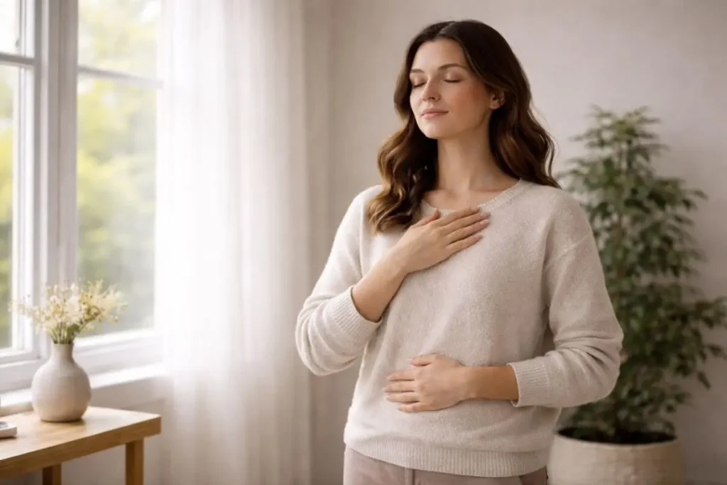 Pessoa praticando meditação com foco na respiração consciente.