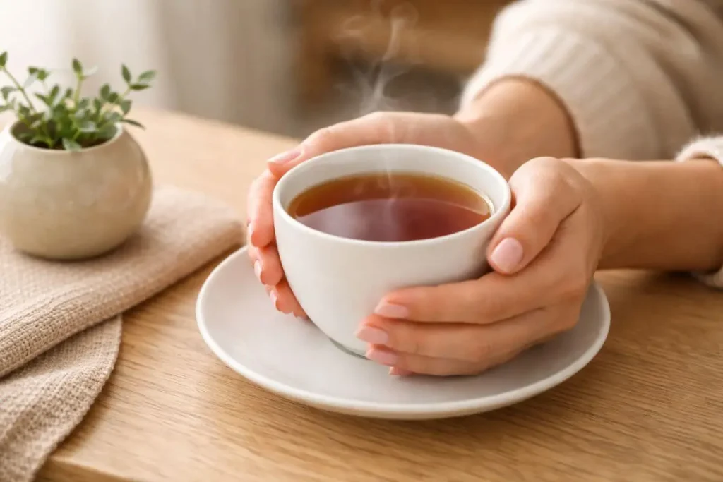 Pessoa segurando uma xícara de chá em momento de pausa e autocuidado.