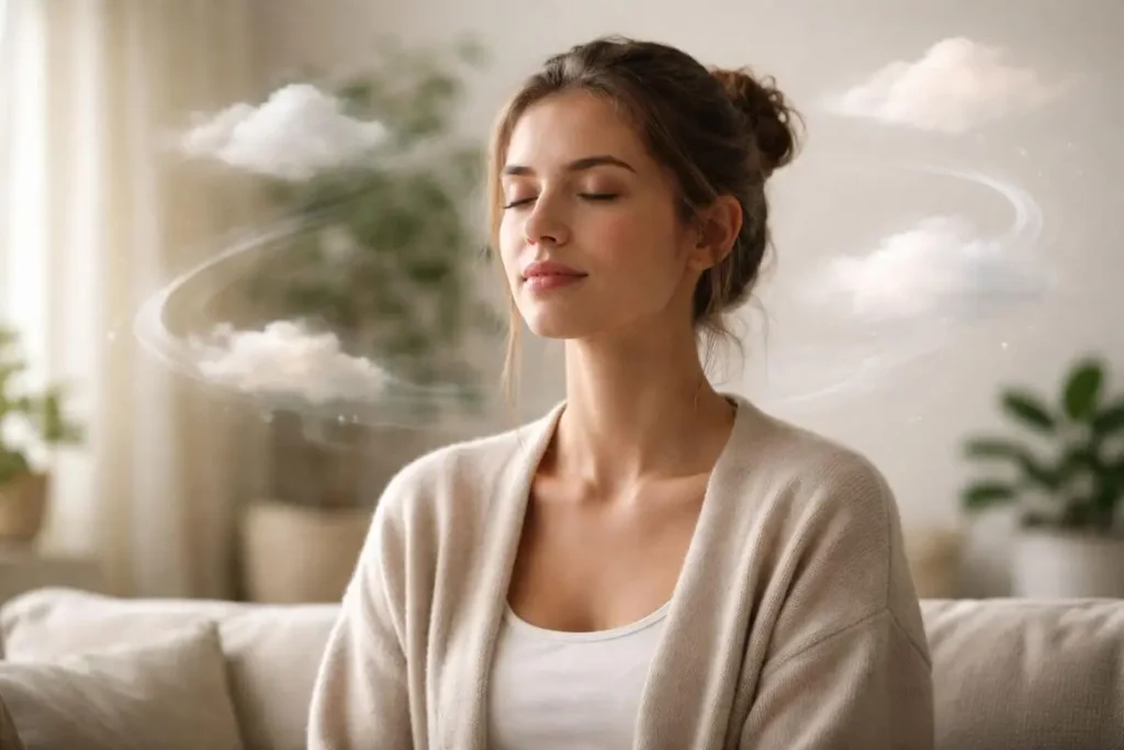 Pessoa sentada em posição confortável observando os próprios pensamentos com serenidade.