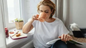 Mulher tomando chá e lendo junto à janela com expressão serena em momento de autocuidado emocional consciente