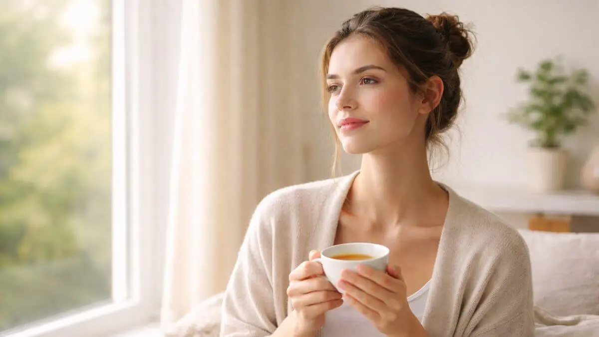 Pessoa tranquila próxima à janela praticando mindfulness para acalmar a mente.