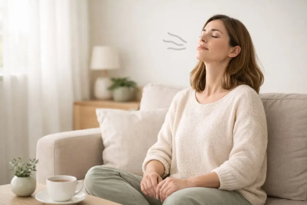 Pessoa sentada próxima a uma janela praticando respiração consciente.