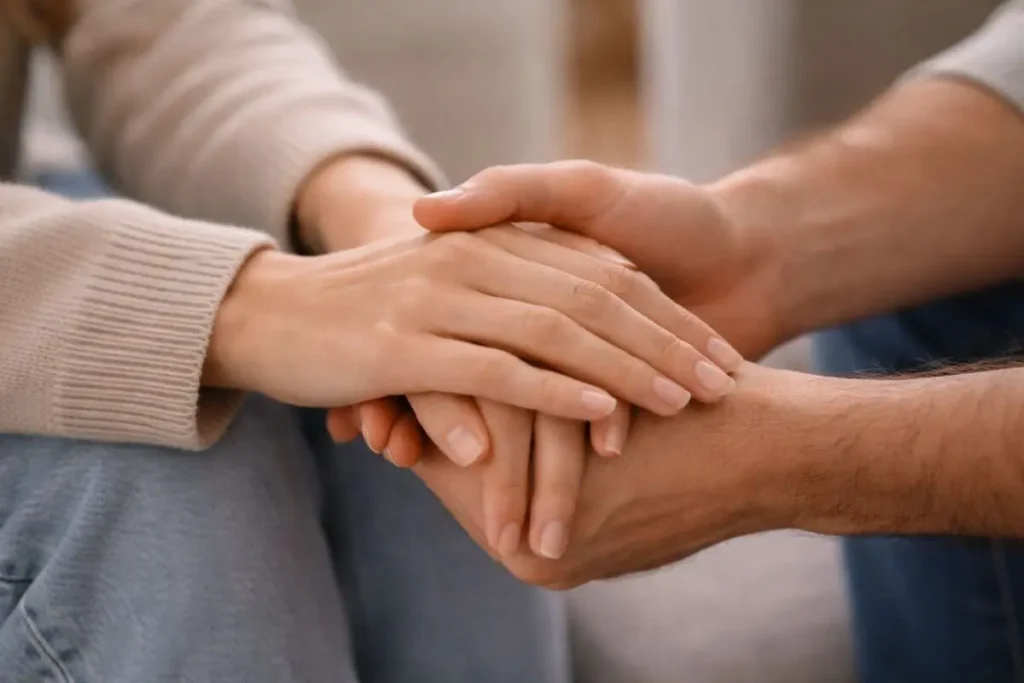 Duas mãos se segurando suavemente.