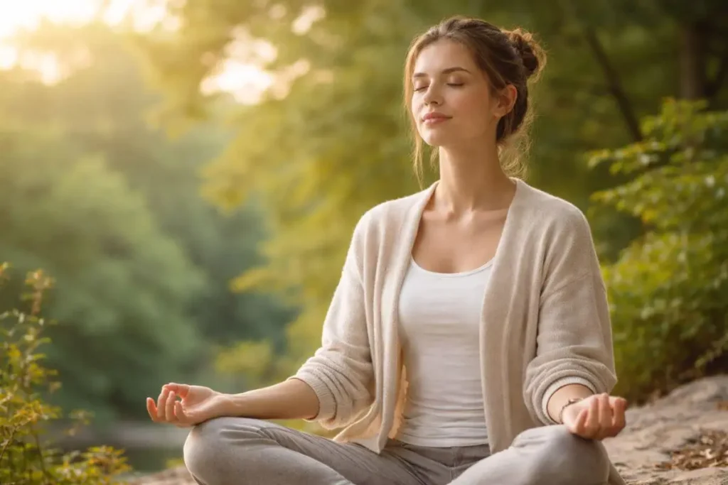 Pessoa com expressão tranquila representando equilíbrio mental.