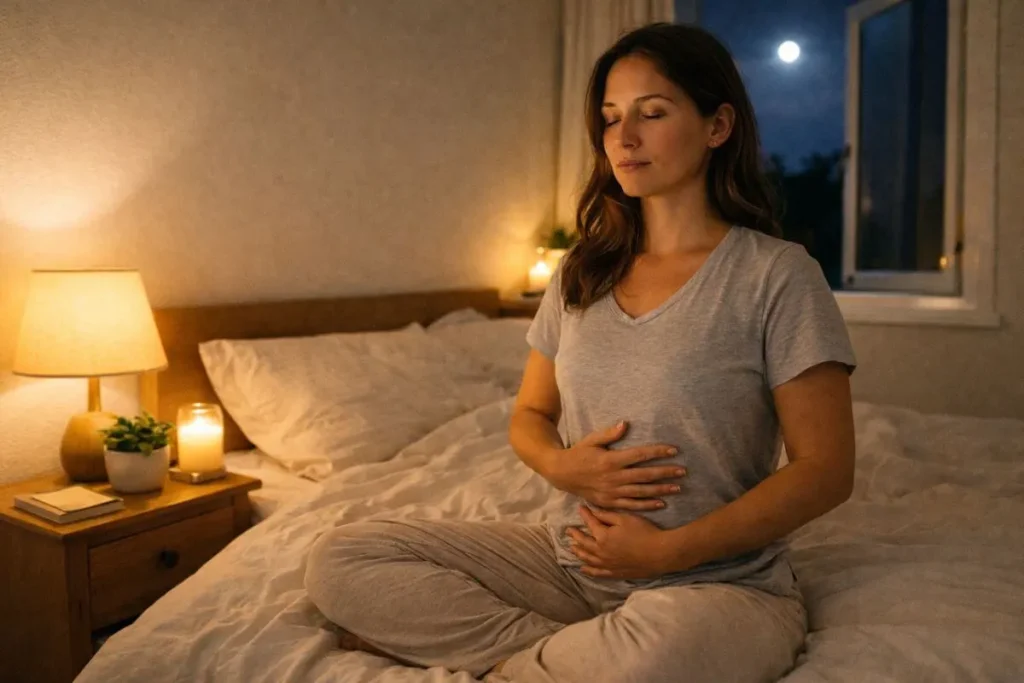 pessoa sentada na cama praticando respiração profunda